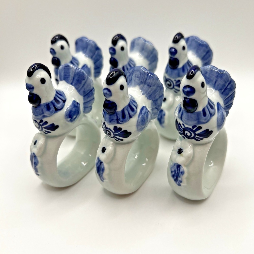 Hen Blue Ceramic Napkin Rings Farmhouse Cottagecore Chicken Vintage Set of 6